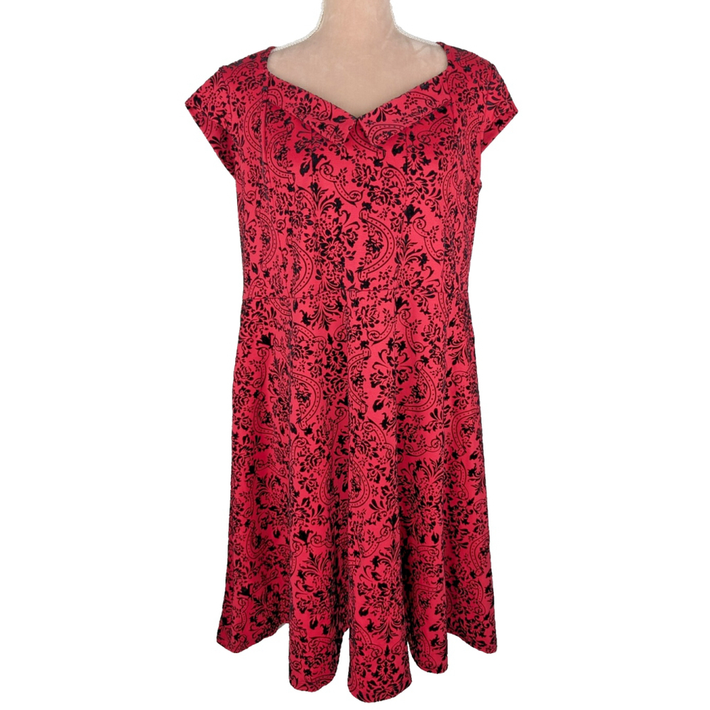 Joe Browns Flocked Velvet Skater Dress Red Sz 14 Rockabilly Whimsigoth Vampire